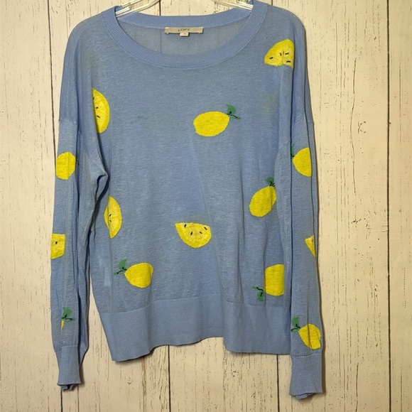 Women's LOFT Lemon Sweater Large Blue Yellow Lightweight Blouse Top Long Sleeve - Picture 2 of 5